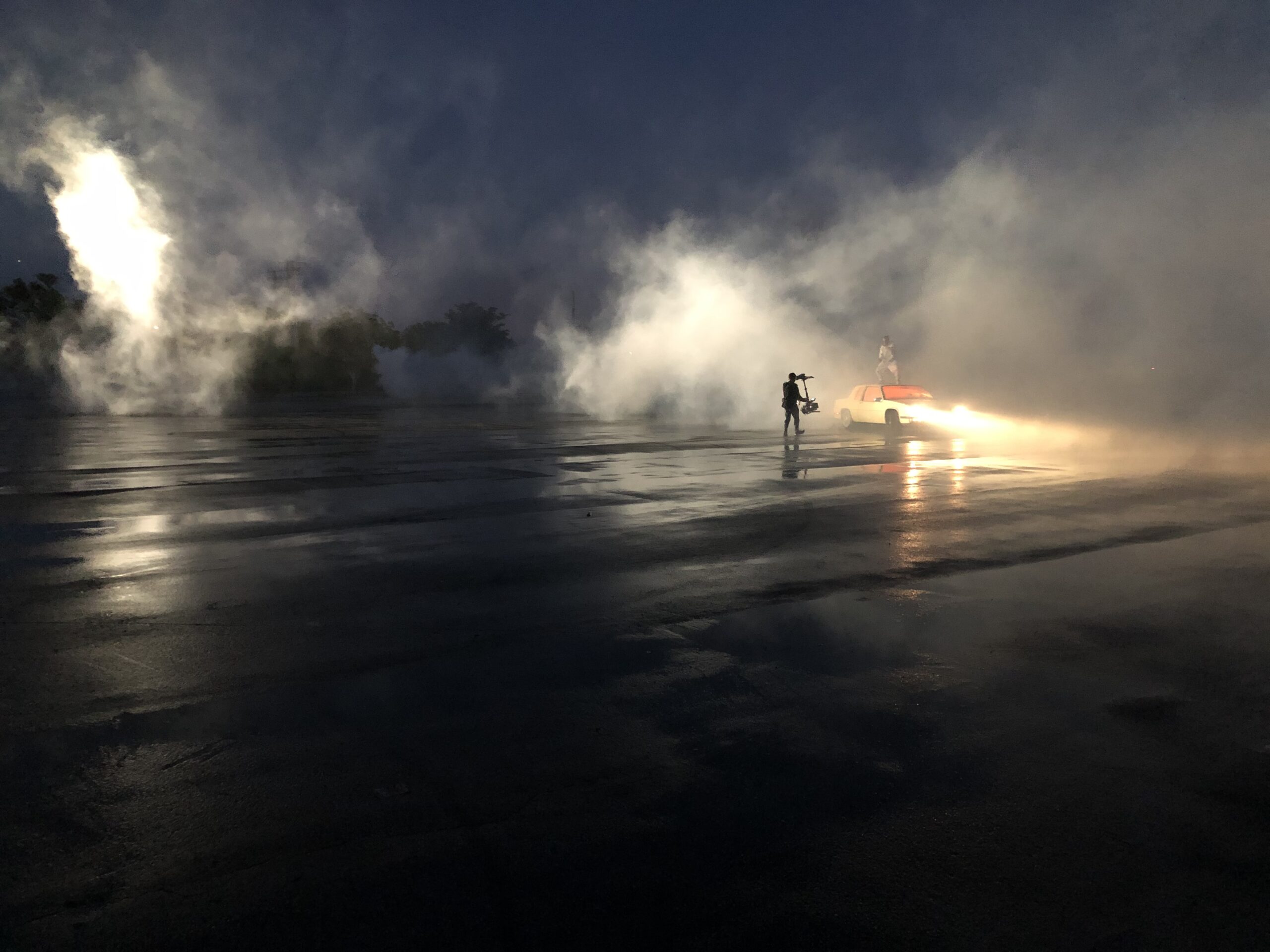 Airport night scene with fog diffused light