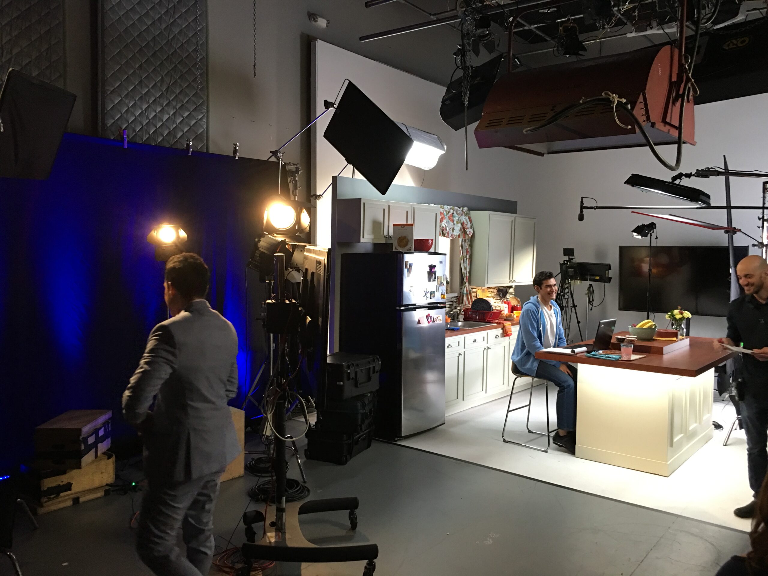 Juanes Music Studio showing Kitchen Studio setup showing the film crew, lights and microfones